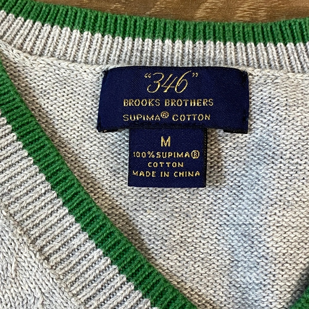 Brooks Brothers Sweater Preppy Mens M Supima Cotton V-Neck Gray Green Varsity - Picture 3 of 8